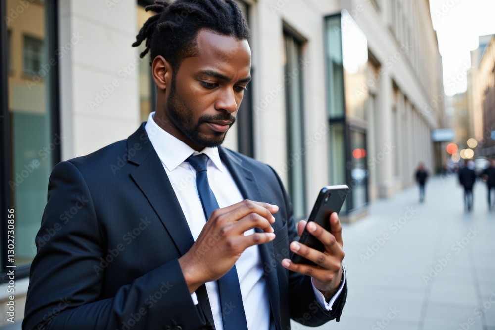 A Black Male Business Professional in a Suit Checking His Smartphone on a City Sidewalk During Daytime, Reflecting Modern Urban Lifestyle and Work Culture A Black Male Business Professional in a Suit Checking His Smartphone on a City Sidewalk During Daytime, Reflecting Modern Urban Lifestyle and Work Culture