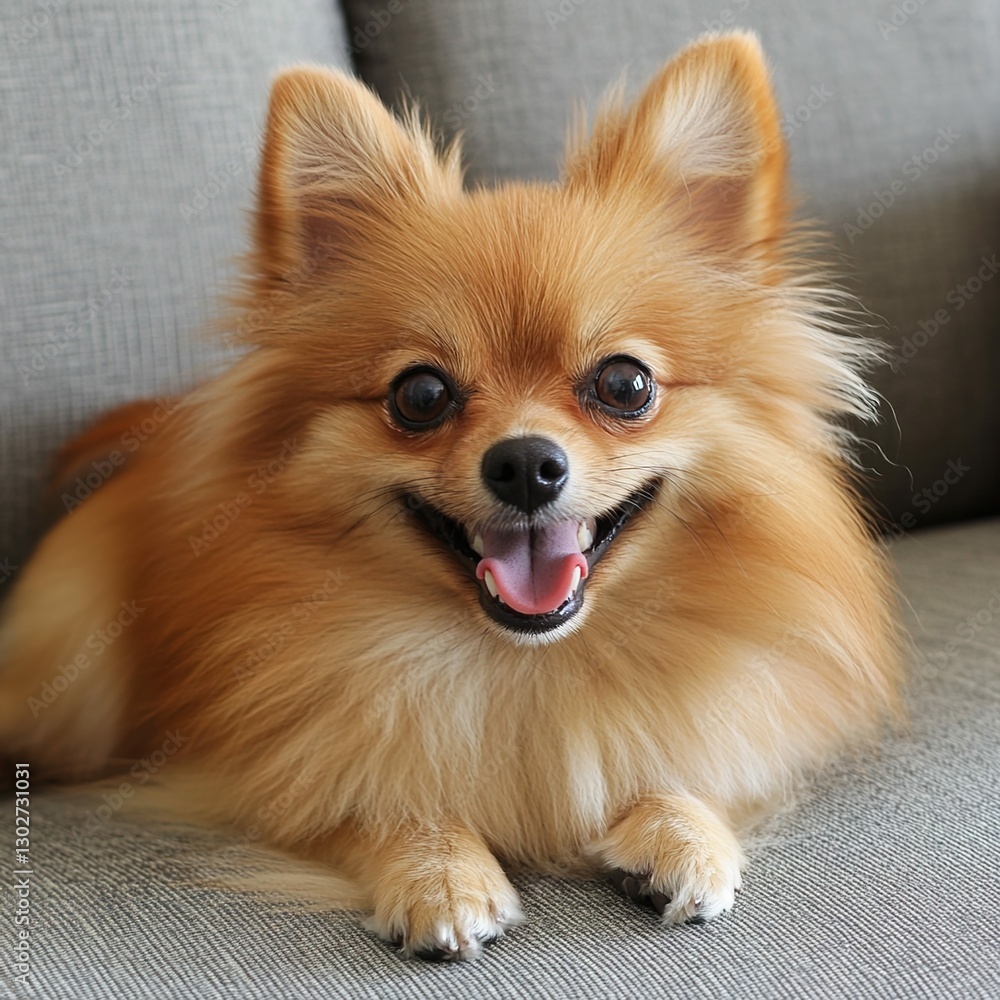 Happy Pomeranian playing on the couch Happy Pomeranian playing on the couch