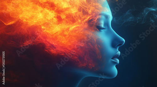 Surreal portrait with a fiery aura symbolizing emotional energy and transformation