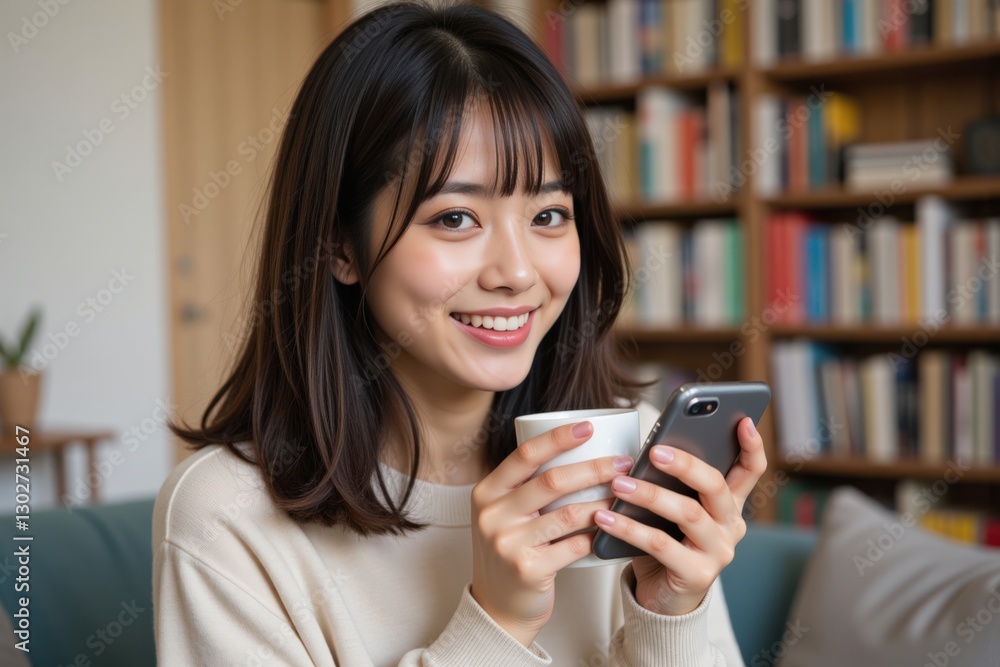 Young Asian Woman Smiling While Holding a Phone and a Cup in a Cozy Living Room Surrounded by Bookshelves Young Asian Woman Smiling While Holding a Phone and a Cup in a Cozy Living Room Surrounded by Bookshelves
