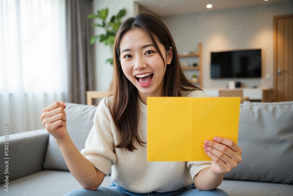 Excited Asian Woman in Casual Sweater Celebrates Good News at Home with Yellow Envelope in Hand and Bright Smile Excited Asian Woman in Casual Sweater Celebrates Good News at Home with Yellow Envelope in Hand and Bright Smile