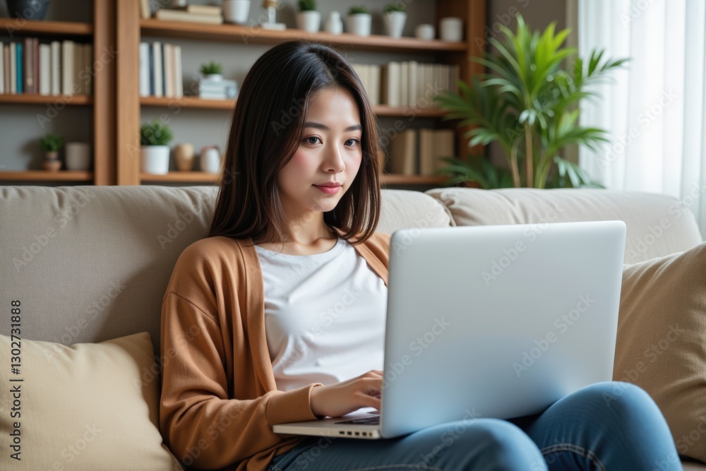 Naklejka premium Young Asian Woman Working on Laptop at Home in Cozy Living Room Surrounded by Plants and Bookshelves During Daytime