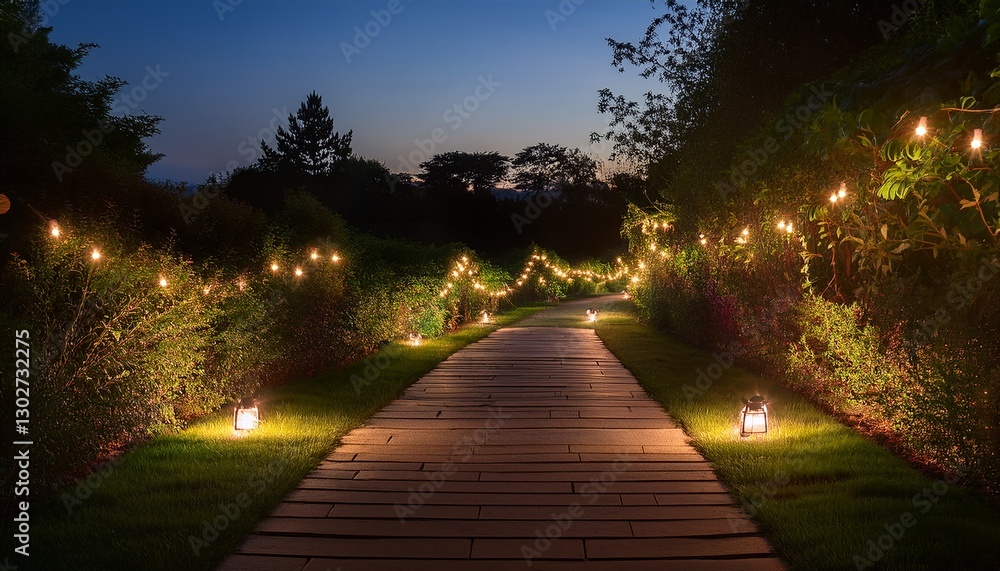 Obraz premium Fairy lights along a garden path: A garden path illuminated by soft, glowing fairy lights, leading to a mysterious outdoor retreat.