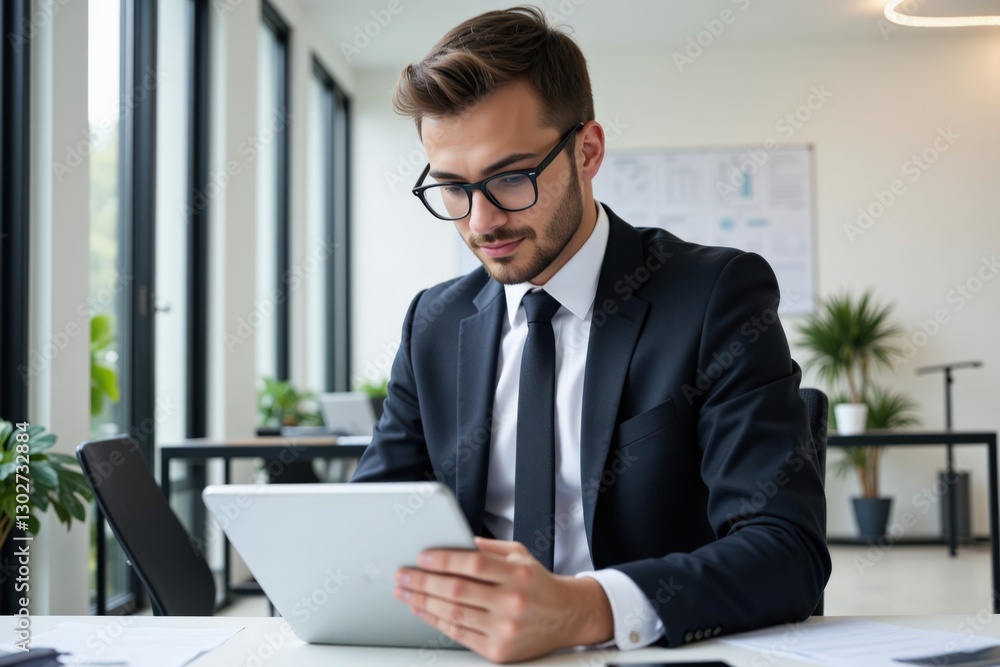 A young adult Caucasian male in professional attire focused on his tablet in a modern office environment, exuding concentration and business acumen. A young adult Caucasian male in professional attire focused on his tablet in a modern office environment, exuding concentration and business acumen.