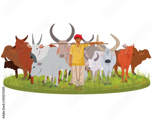 Village man herding cattle and oxen in the field, Indian men with cow and  calf