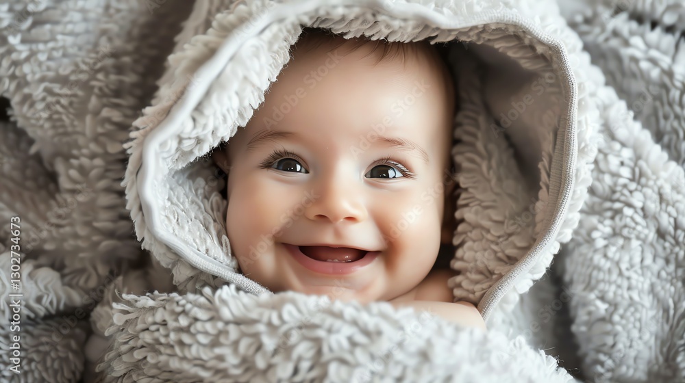 A baby is sleeping peacefully, wrapped in a soft, white towel with a hood. A baby is sleeping peacefully, wrapped in a soft, white towel with a hood.