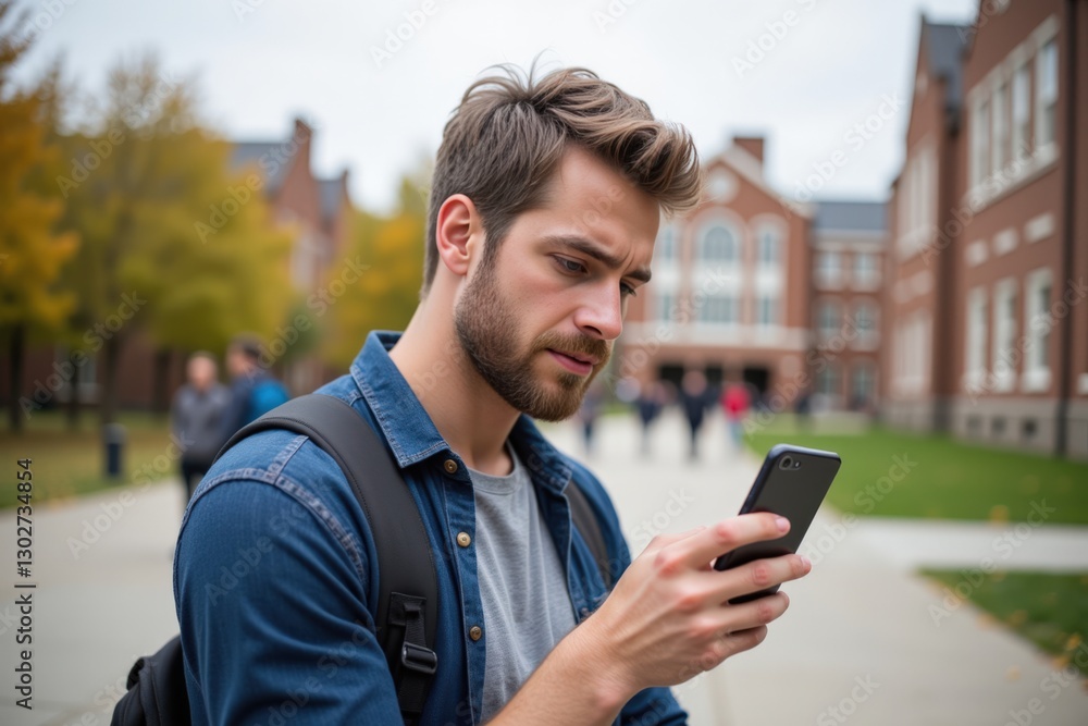 Young Adult Male Student Engaged with Smartphone on Campus During Autumn, Surrounded by Architecture and Peers in Background Young Adult Male Student Engaged with Smartphone on Campus During Autumn, Surrounded by Architecture and Peers in Background
