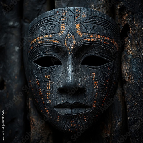 An intriguing mask resting on a natural rock surface surrounded by earthy tones and textures photo