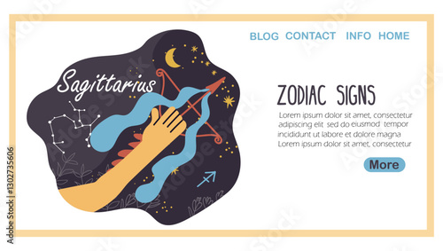 Landing page with zodiac sign, Sagittarius, zodiac sign. Arch, bow and arrow, astrology horoscope symbol. Archer, sky star, esoteric sticker, icon.  Hand drawn vector illustration.