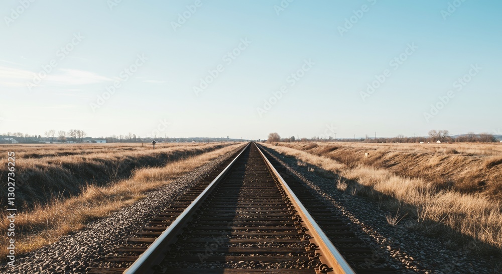Fototapeta premium Endless railway vanishing in the horizon with expansive open field scenery