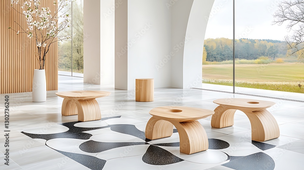 Fototapeta premium Wide view of modern wood furniture in bright interiors