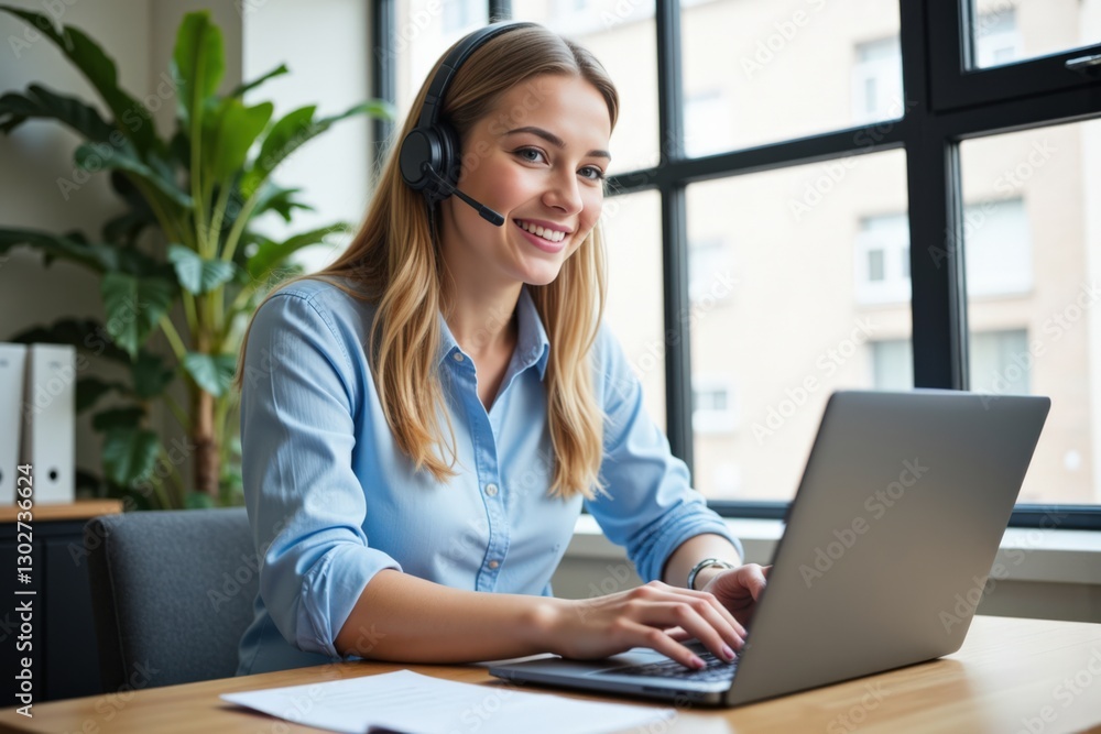 Smiling Young Caucasian Woman with Long Blonde Hair Working Remotely at a Modern Home Office, Wearing Headphones and Engaging with Her Laptop in a Bright Space Smiling Young Caucasian Woman with Long Blonde Hair Working Remotely at a Modern Home Office, Wearing Headphones and Engaging with Her Laptop in a Bright Space