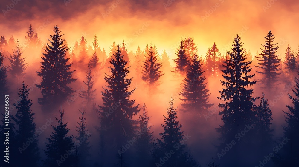 Fototapeta premium Misty sunrise over a coniferous forest; nature background