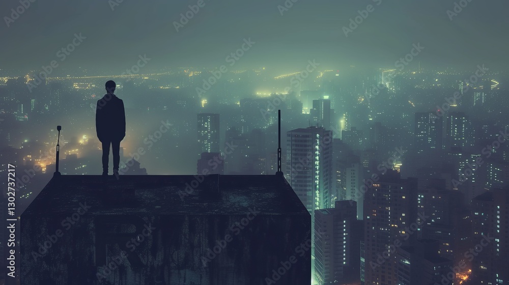 silhouette of a person standing at the edge of a faded VIP sign overlooking a bustling cityscape. The figure, facing away from the camera, represents the anonymity that comes with the loss of VIP silhouette of a person standing at the edge of a faded VIP sign overlooking a bustling cityscape. The figure, facing away from the camera, represents the anonymity that comes with the loss of VIP
