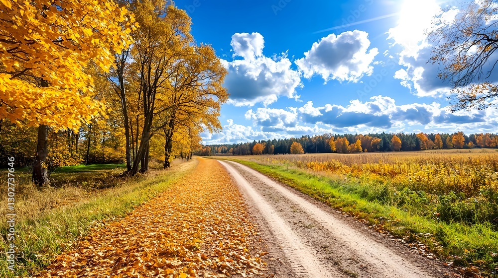 Naklejka premium Golden Autumn Road, Fall Scenery - Autumnal landscapes