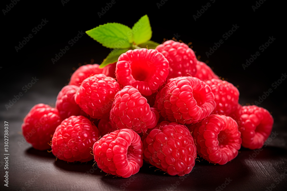 Raspberries on a dark background. Raspberries with leaves. Fresh berries. Raspberries on a dark background. Raspberries with leaves. Fresh berries.
