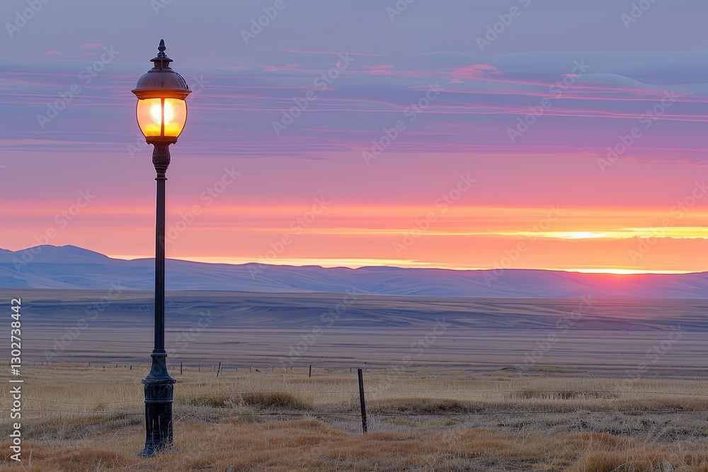 Fototapeta premium A streetlamp stands alone in a vast, open landscape, illuminated against a vibrant sunset sky with hues of orange, pink, and purple.
