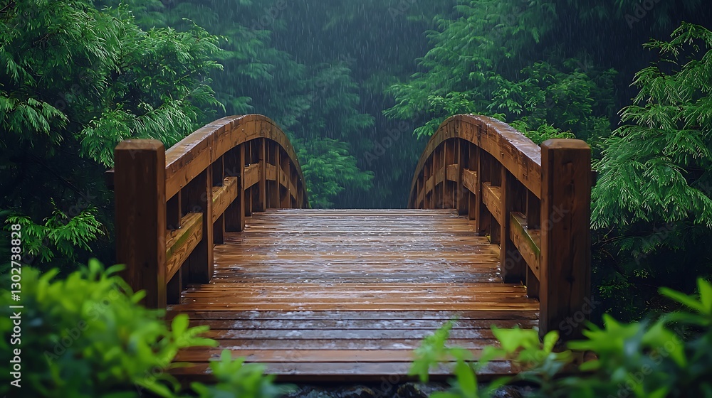 Rainy day, wooden bridge in lush forest. Peaceful nature scene, ideal for meditation or travel websites Rainy day, wooden bridge in lush forest. Peaceful nature scene, ideal for meditation or travel websites