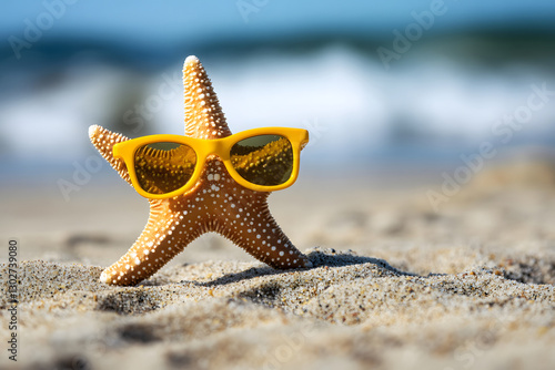 A yellow starfish with sunglasses on the beach. Summer concept.