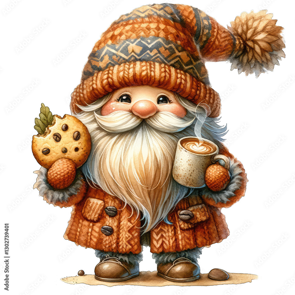 Fototapeta premium Festive Holiday Gnome Illustration A Charming Digital Artwork Featuring a Cozy Gnome Adorned in Winter Knitwear Holding a Warm Beverage and Delicious Cookie, Perfect for Christmas Decorations