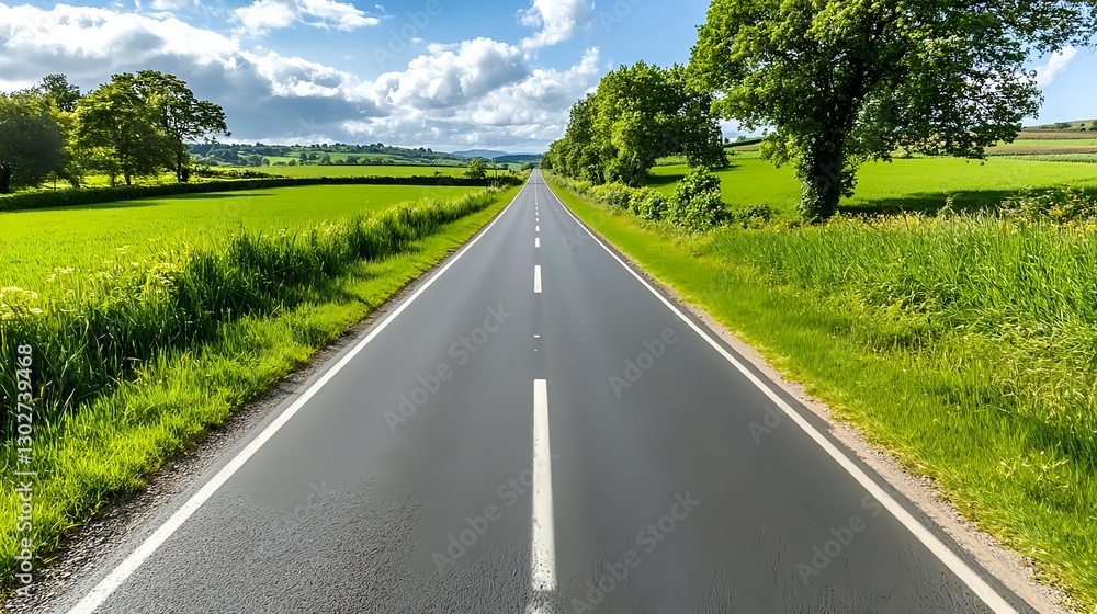 Fototapeta premium Country Road, Green Fields, Summer Drive - Nature and Landscapes: .