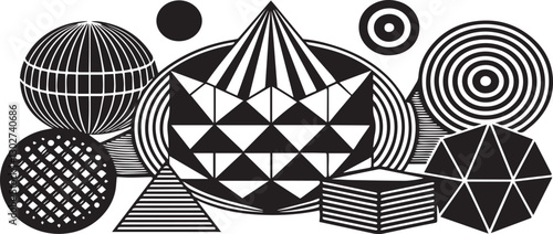 A modern, abstract composition of geometric shapes and patterns, including spheres, ellipses, and various forms, arranged in a grid with a minimalist approach and bold red accents