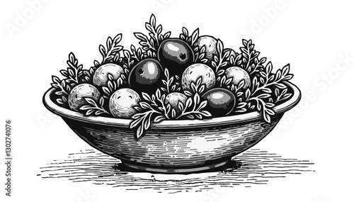 Bowl of olives in black and white sketch style.
