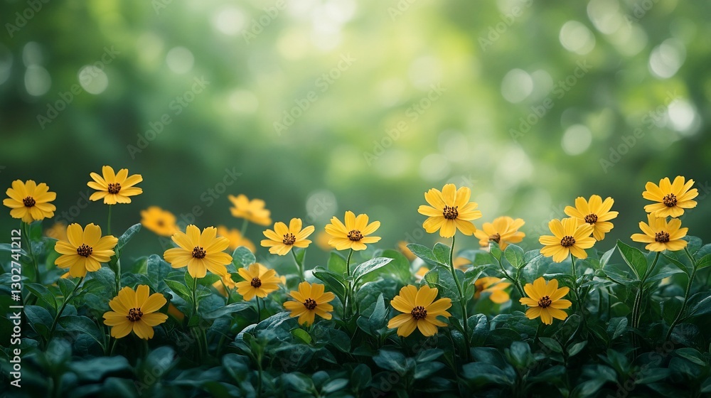 Fototapeta premium Sunlit yellow flowers in lush green garden.