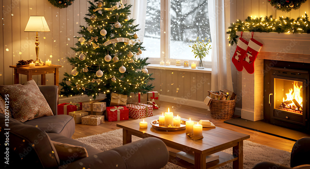 Obraz premium cozy living room, decorated with Christmas lights