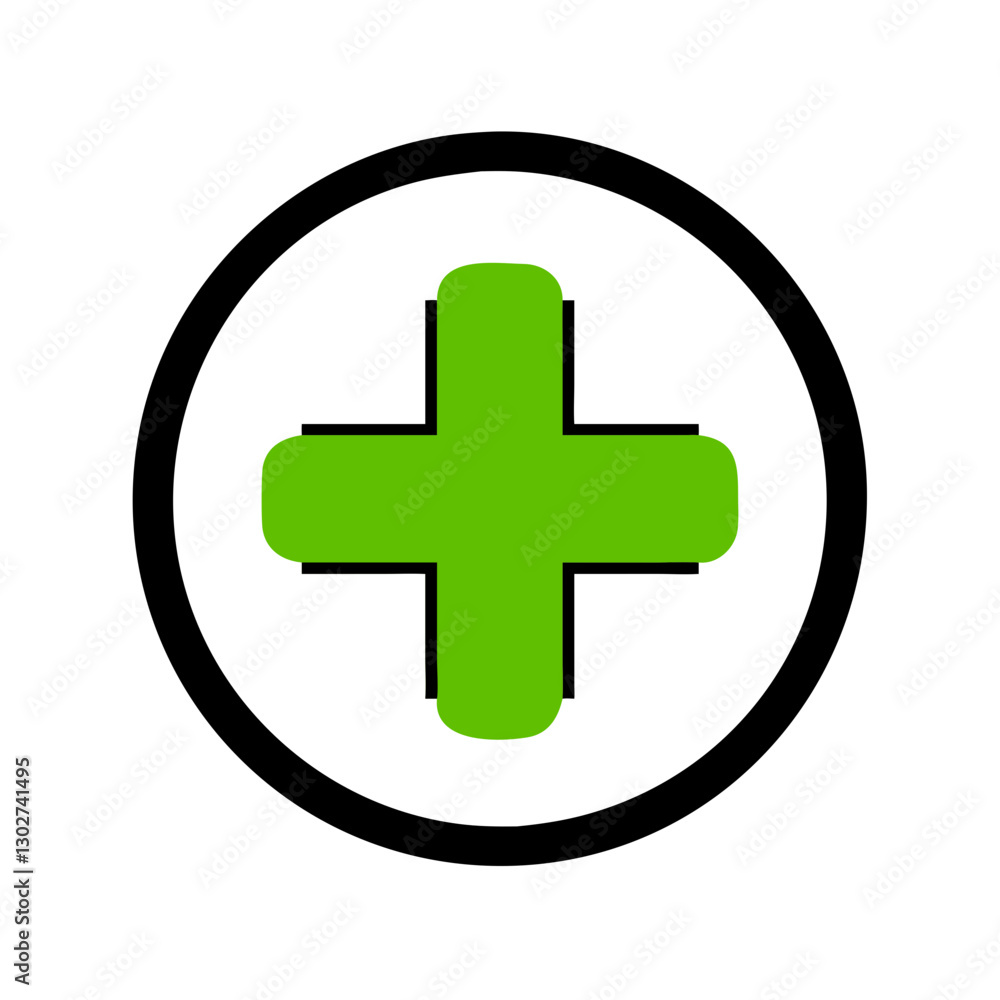 Obraz premium Medical cross icon in vibrant green color represents healthcare and emergency services, designed as a clear vector graphic for easy recognition and use in various applications