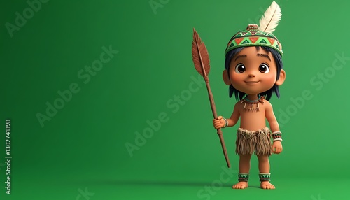 Boy with Spear Native Outfit. Green Backdrop