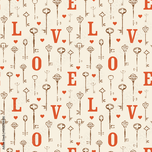 seamless pattern on the theme of love and valentine's day. With keys , hearts and initial letters. Abstract background with hand-drawn illustrations. Suitable for wallpaper, wrapping paper, fabric