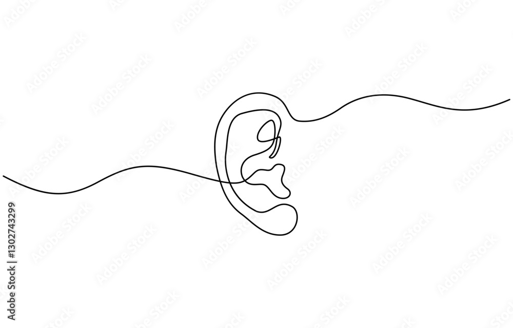 Obraz premium One continuous line drawing of human ear single line of human ear vector illustration, Vector illustration of human ear continuous single line drawing, Continuous one line drawing of human ear.