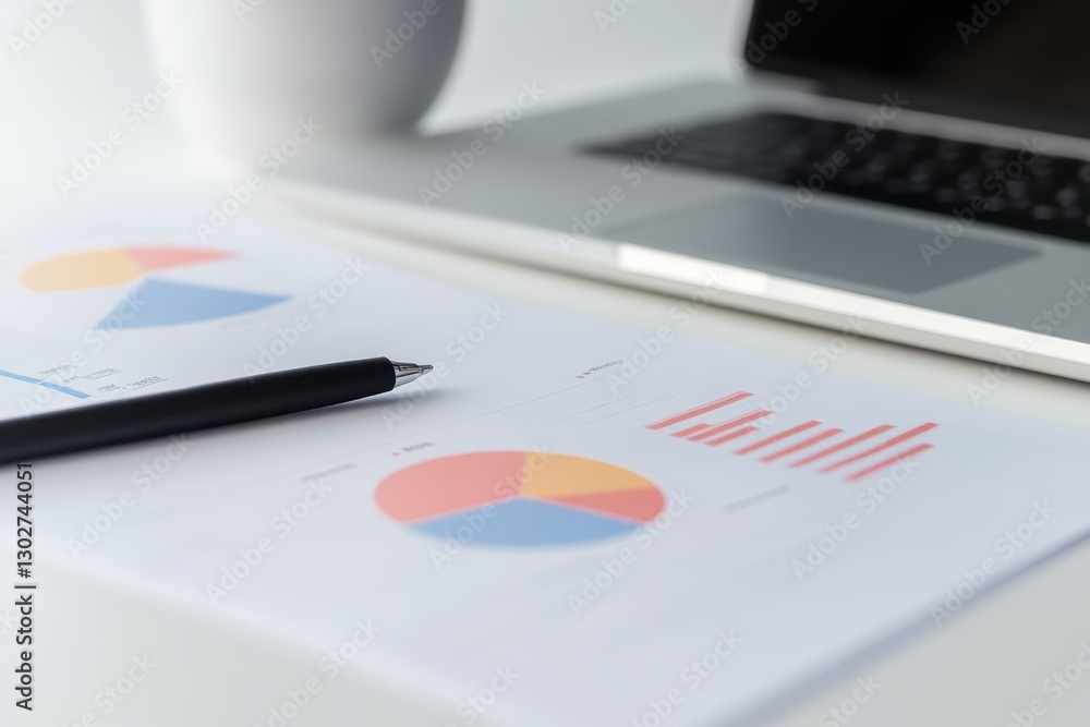 Business analytics report with charts and graphs next to laptop and mug on modern workspace Business analytics report with charts and graphs next to laptop and mug on modern workspace