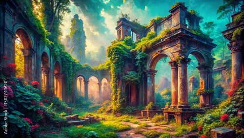 Risograph Style Illustration: Urban Exploration of Ancient Ruins