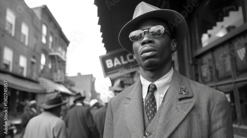 Man, stylish, street, city, 1940s,  pensive,  black and white, crowd, historical