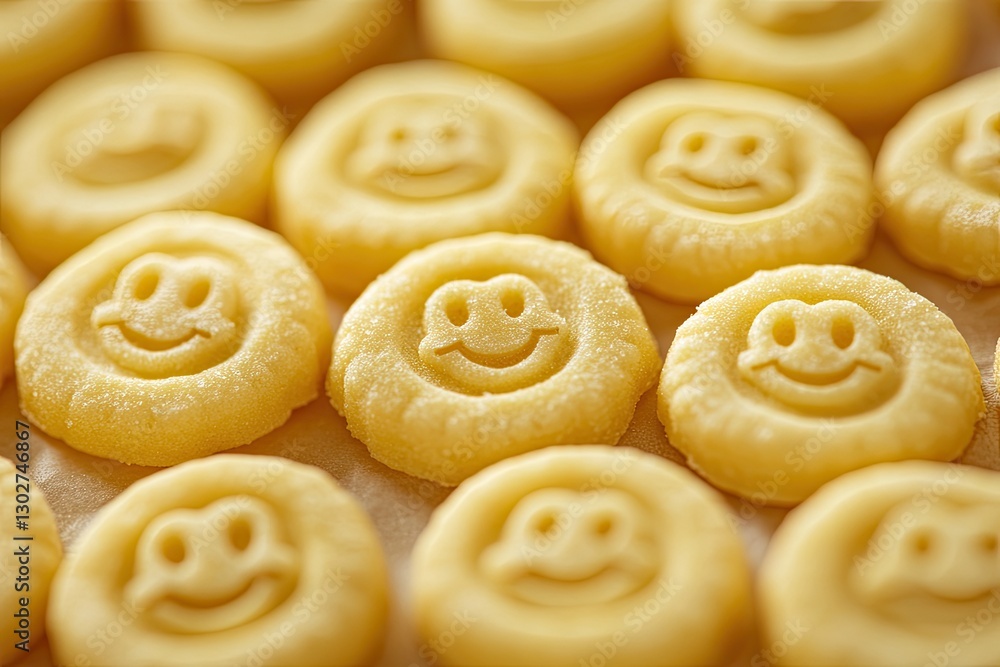Close-up of round cookies with smiley faces on baking sheet Close-up of round cookies with smiley faces on baking sheet