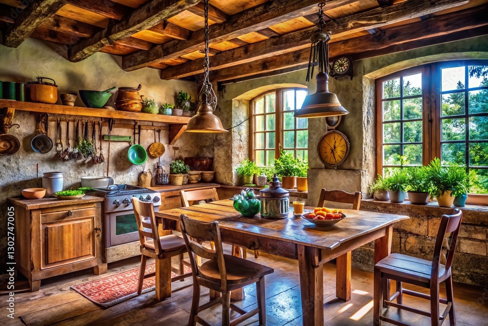 Fototapeta premium Rustic Farmhouse Kitchen Interior: Wooden Table, Chairs & Vintage Decor - Stock Photo