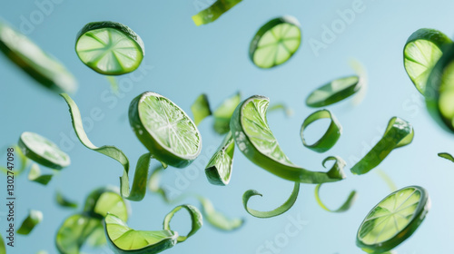 Wallpaper Mural fresh lime slices falling on blue background Torontodigital.ca