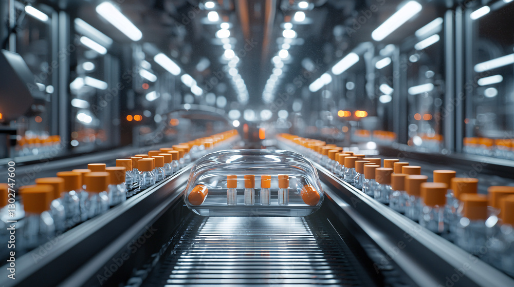 Pharmaceutical production line with vials on a conveyor belt for the medical and healthcare industry Pharmaceutical production line with vials on a conveyor belt for the medical and healthcare industry
