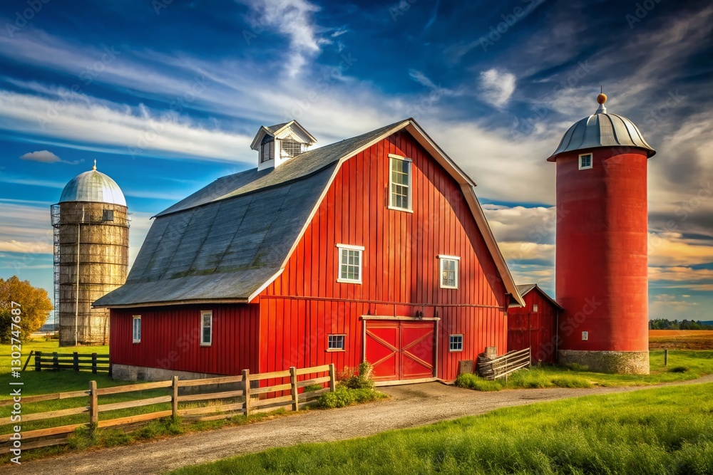Rustic Red Barn, Silo, and Farmhouse on a Sunny Farm - Perfect for Rural Living Stock Photo Rustic Red Barn, Silo, and Farmhouse on a Sunny Farm - Perfect for Rural Living Stock Photo