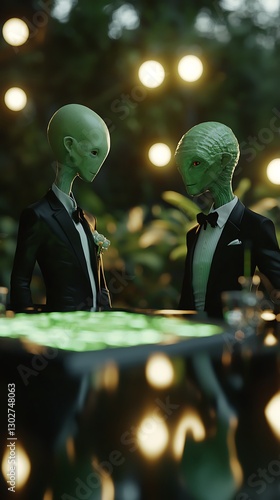Extraterrestrial elegance, A sophisticated gathering of alien beings in black tie attire