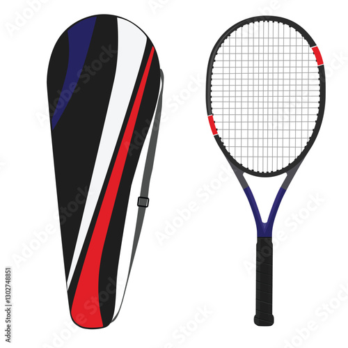 Tennis racket and racket case sport equipment isolated on white background. Vector