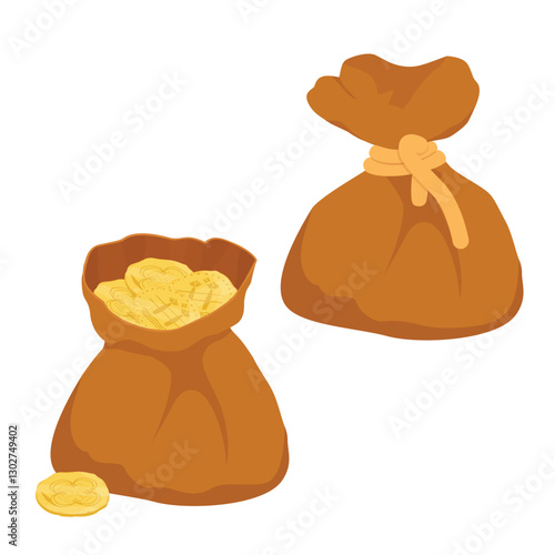 Bag, sack with ancient gold coins isolated on white background. Open sack and sack tied up with rope. Vector