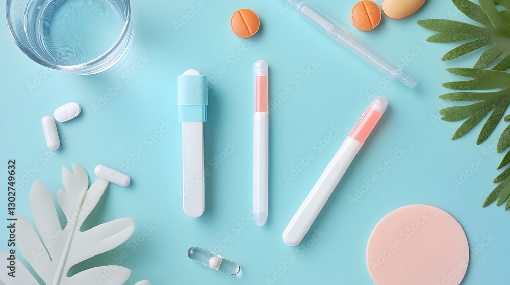 A vibrant flat lay composition featuring essential health and wellness items on a light blue background, including medications, tools, and decorative elements for a refreshing look A vibrant flat lay composition featuring essential health and wellness items on a light blue background, including medications, tools, and decorative elements for a refreshing look