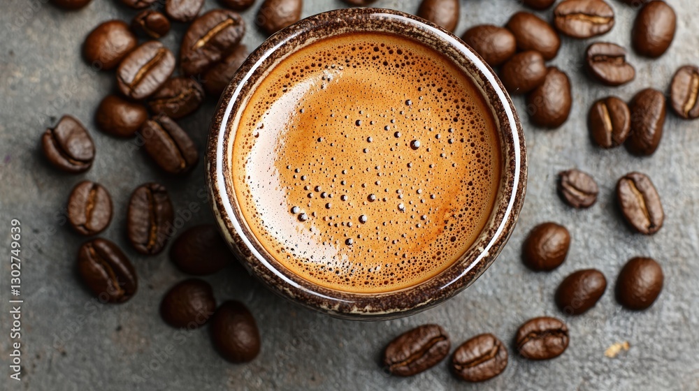 Cup of coffee with scattered coffee beans on a wooden surface in a cozy setting Cup of coffee with scattered coffee beans on a wooden surface in a cozy setting