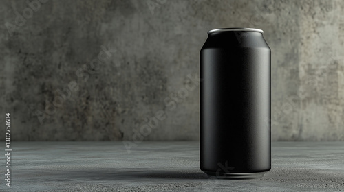 Craft beer can with matte black design standing on a textured surface in a dimly lit environment