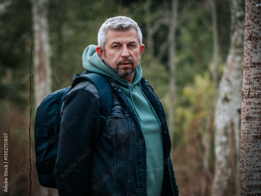 A middle-aged man stands in the woods with a backpack, a hoodie, and a denim jacket. His serious expression and outdoor attire suggest adventure, exploration, or deep thought. A middle-aged man stands in the woods with a backpack, a hoodie, and a denim jacket. His serious expression and outdoor attire suggest adventure, exploration, or deep thought.