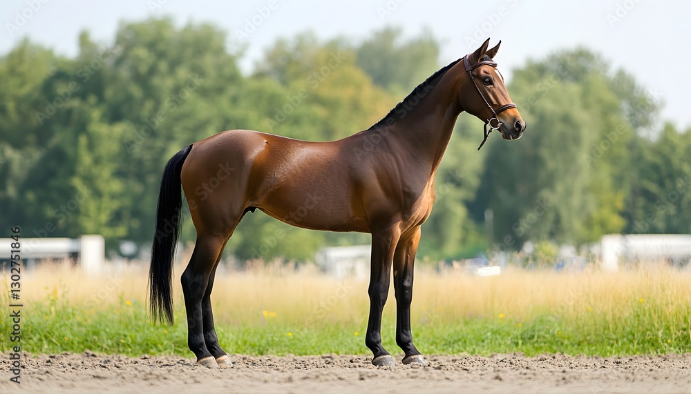 Fototapeta premium A majestic brown horse stands gracefully in an open field, showcasing its strength and elegance against a backdrop of lush greenery. Perfect for nature and animal lovers.