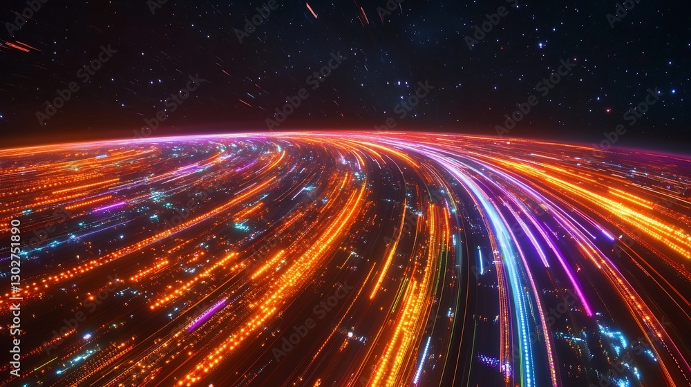 Night city lights trails curve around Earth in space. Night city lights trails curve around Earth in space.